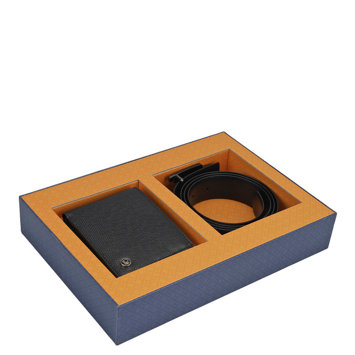 Black Saffiano Franzy Leather Mens Wallet & Belt Gift Set