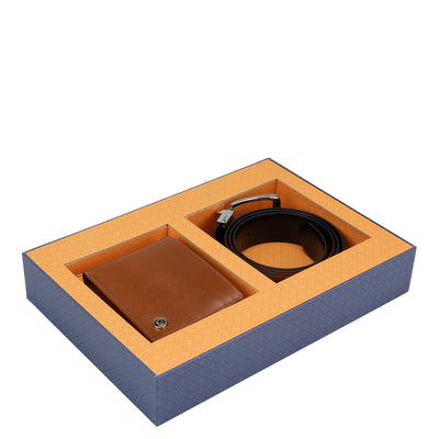 Cognac Plain Leather Mens Wallet & Belt Gift Set