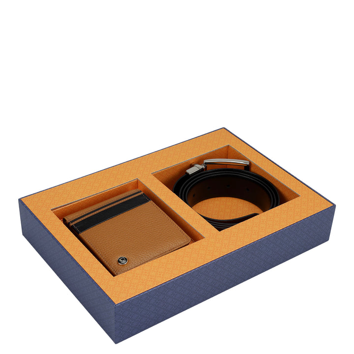 Cognac Wax Leather Mens Wallet & Belt Gift Set