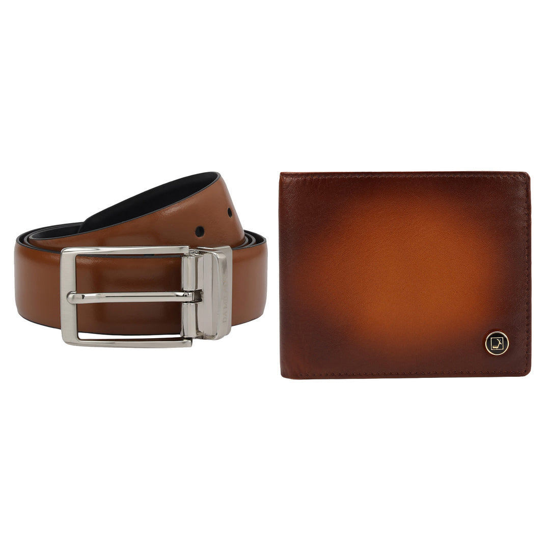 Cognac Plain Leather Mens Wallet & Belt Gift Set