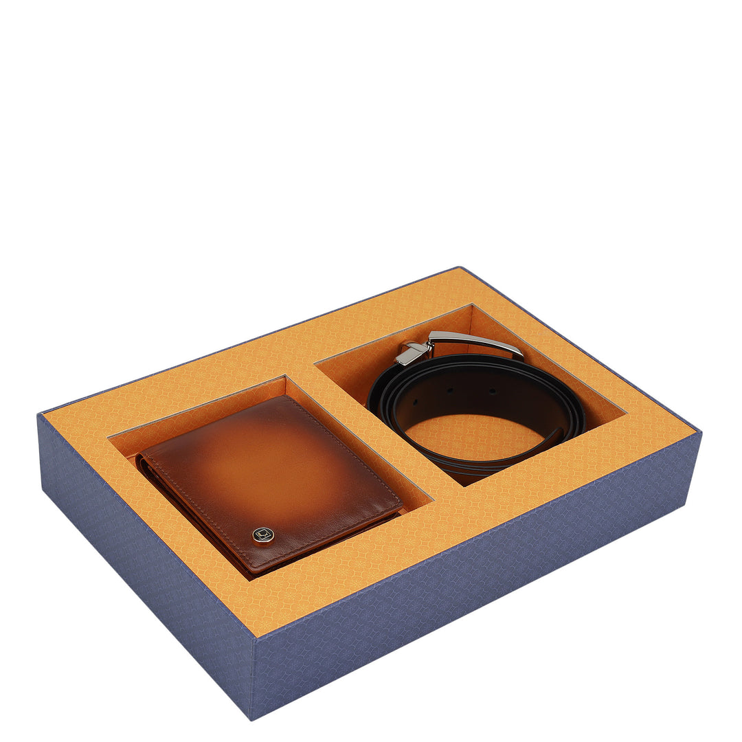 Cognac Plain Leather Mens Wallet & Belt Gift Set