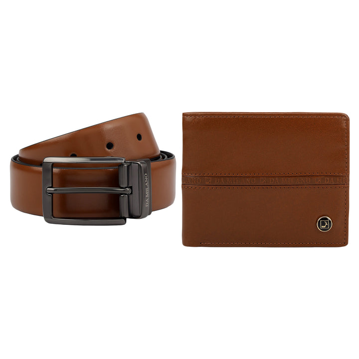 Cognac Plain Leather Mens Wallet & Belt Gift Set