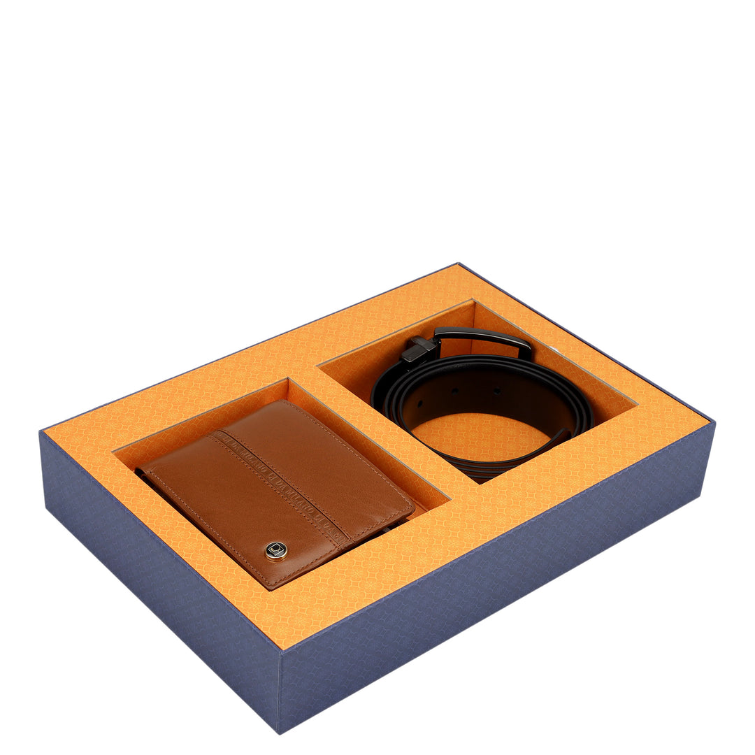 Cognac Plain Leather Mens Wallet & Belt Gift Set
