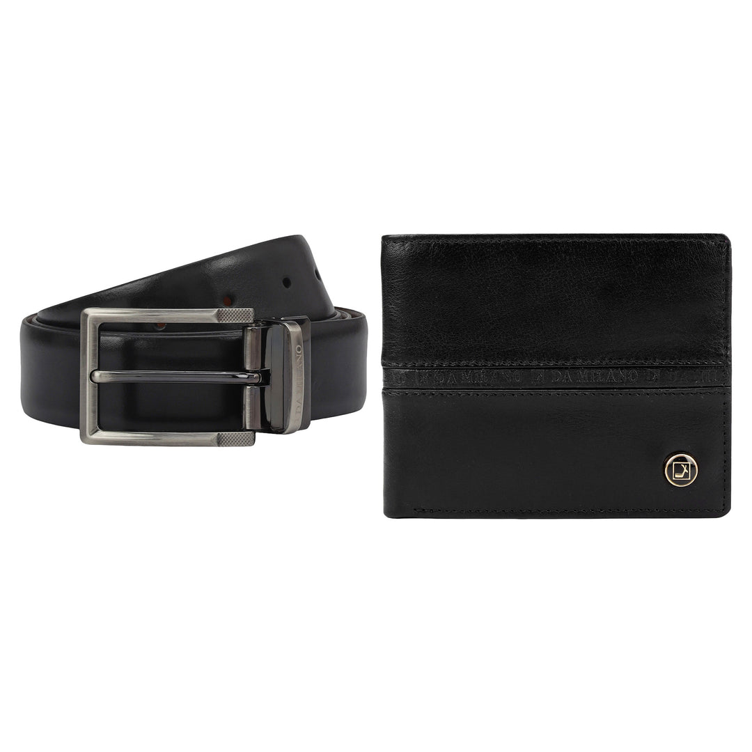 Black Plain Leather Mens Wallet & Belt Gift Set