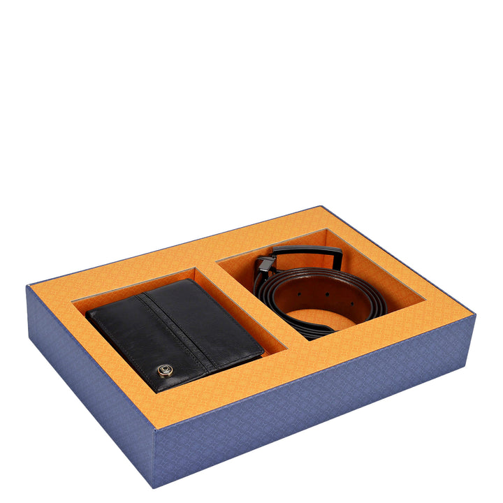 Black Plain Leather Mens Wallet & Belt Gift Set