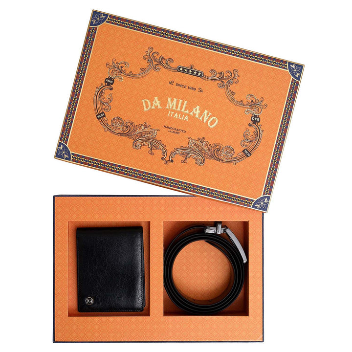 Black & Brown Plain Leather Mens Wallet & Belt Gift Set