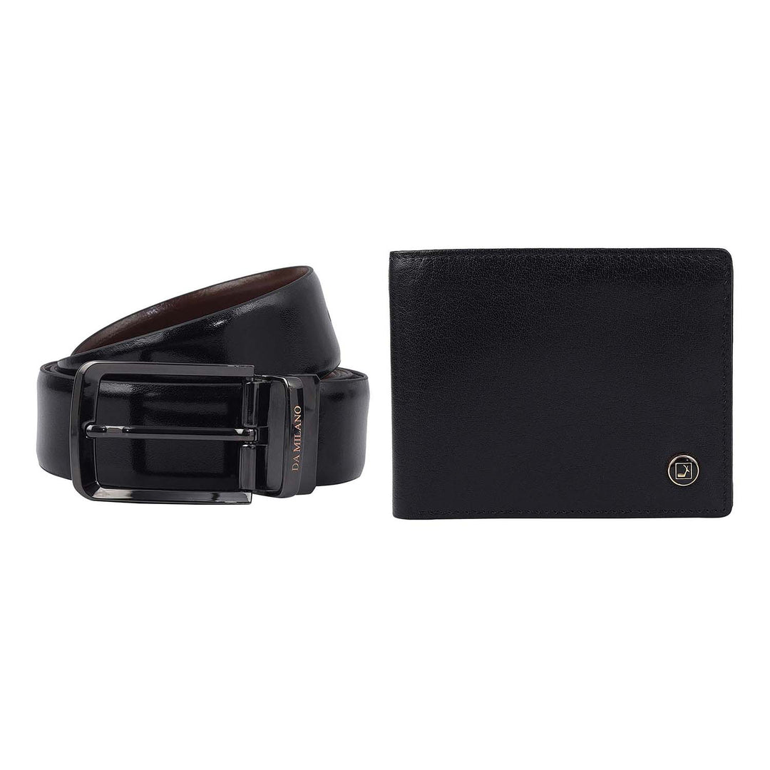 Black & Brown Plain Leather Mens Wallet & Belt Gift Set