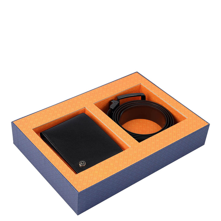 Black & Brown Plain Leather Mens Wallet & Belt Gift Set