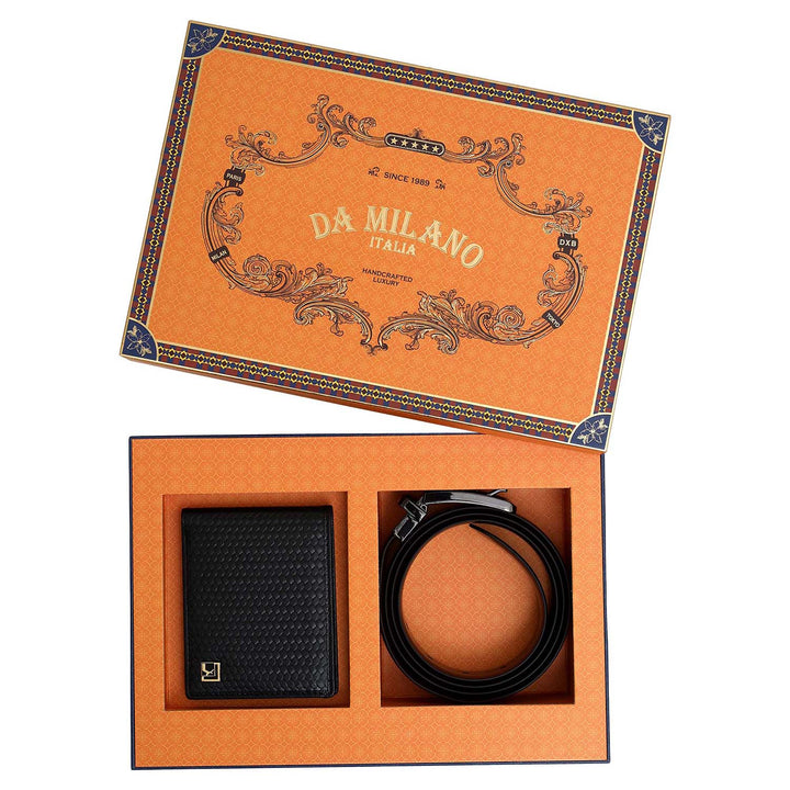 Black & Brown Mat Emboss Plain Leather Mens Wallet & Belt Gift Set