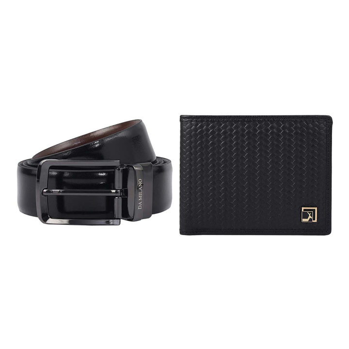 Black & Brown Mat Emboss Plain Leather Mens Wallet & Belt Gift Set