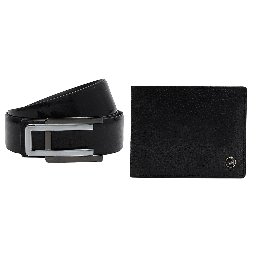 Black Wax Plain Leather Mens Wallet & Belt Gift Set