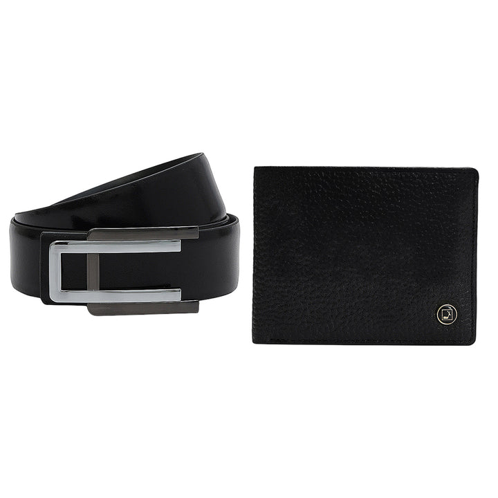 Black Wax Plain Leather Mens Wallet & Belt Gift Set