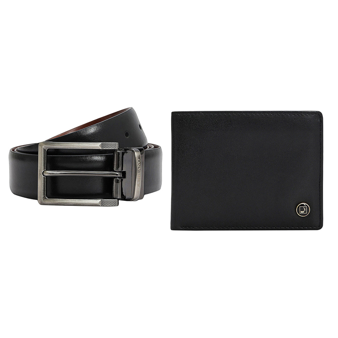 Black & Cognac Plain Leather Mens Wallet & Belt Gift Set