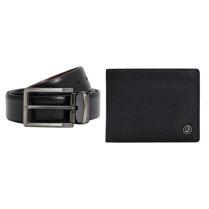 Black & Cognac Plain Leather Mens Wallet & Belt Gift Set