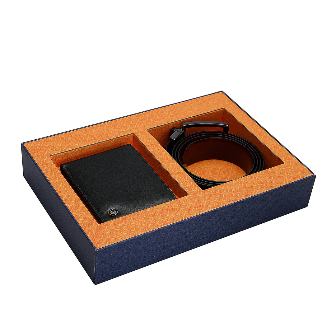 Black & Cognac Plain Leather Mens Wallet & Belt Gift Set