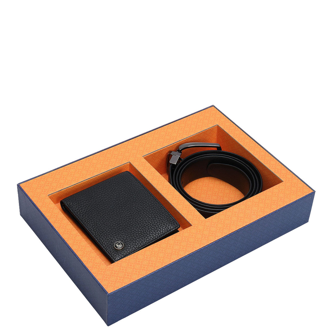 Brown & Black Wax Leather Mens Wallet & Belt Gift Set