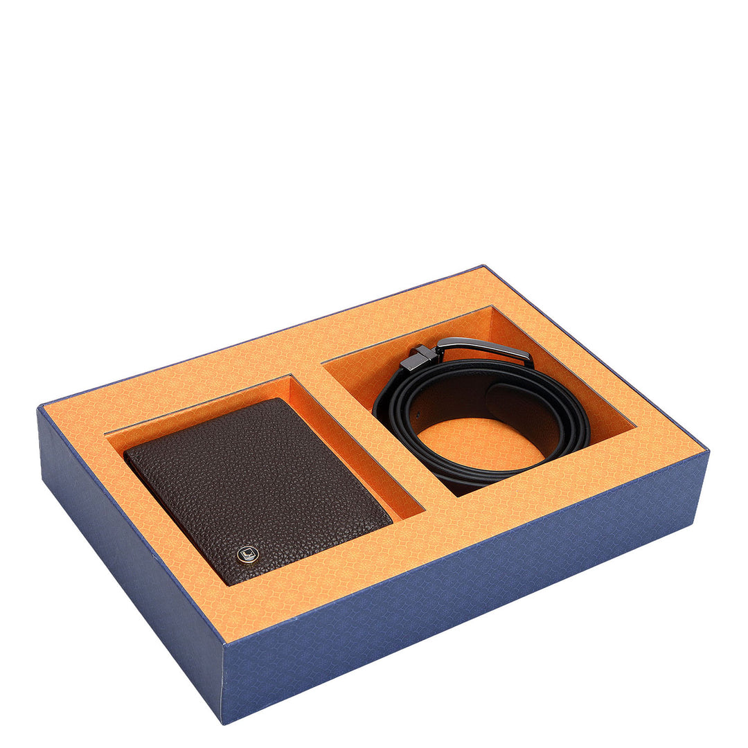 Brown & Black Wax Leather Mens Wallet & Belt Gift Set