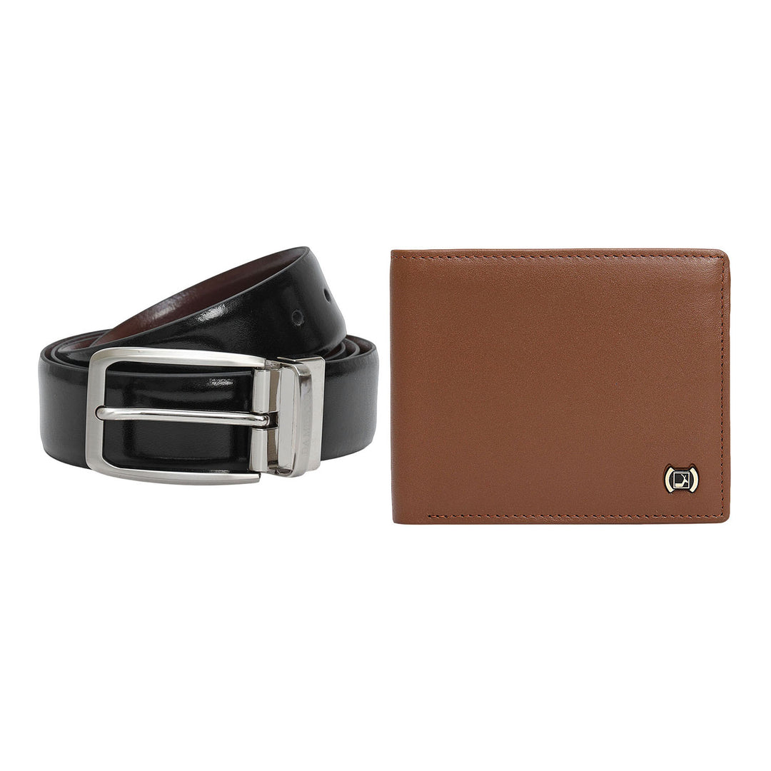 Black & Cognac Plain Leather Mens Wallet & Belt Gift Set
