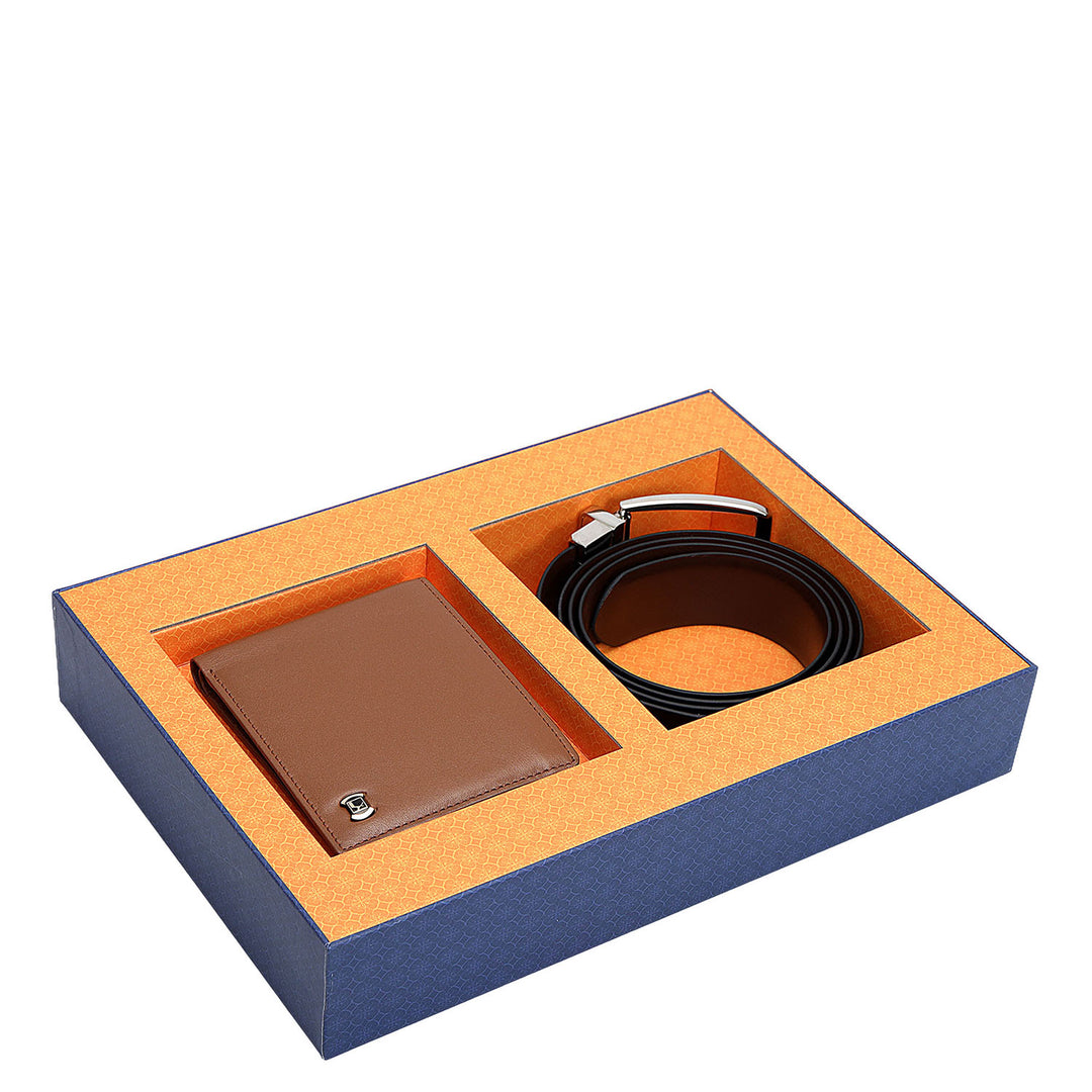 Black & Cognac Plain Leather Mens Wallet & Belt Gift Set