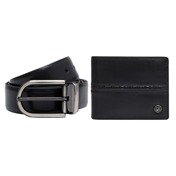 Black & Brown Plain Leather Mens Wallet & Belt Gift Set