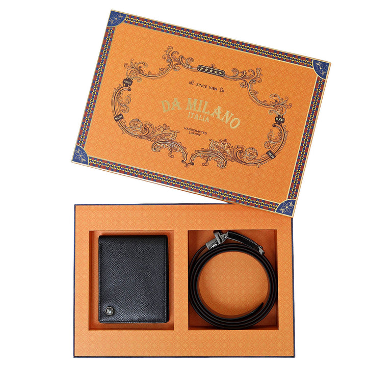 Black & Cognac Saffiano Franzy Leather Mens Wallet & Belt Gift Set