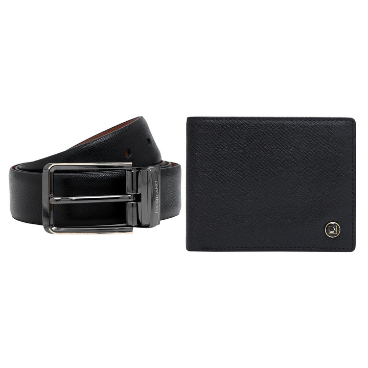 Black & Cognac Saffiano Franzy Leather Mens Wallet & Belt Gift Set