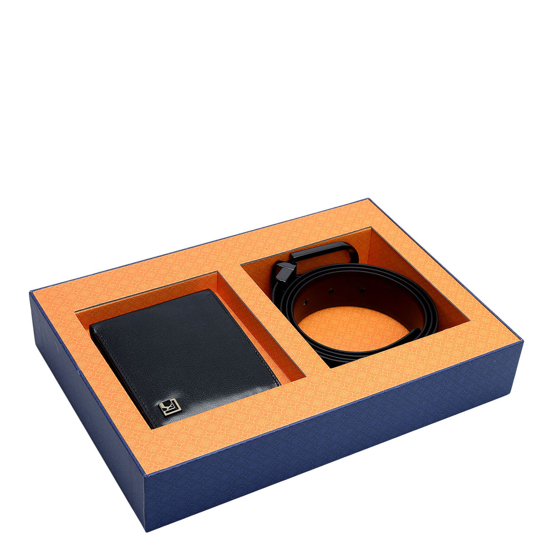 Blue & Brown Pln Leather Mens Wallet & Belt Gift Set