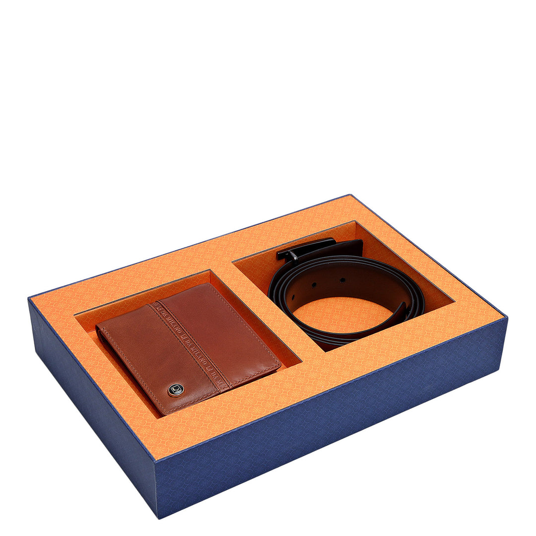Cognac Plain Leather Mens Wallet & Belt Gift Set