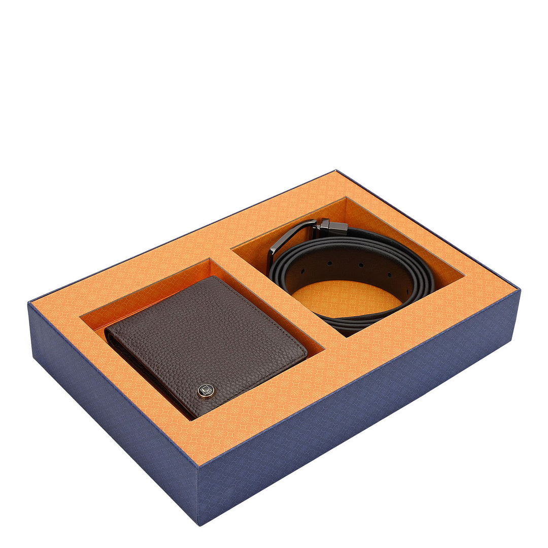 Chocolate & Black Leather Mens Wallet & Belt Gift Set