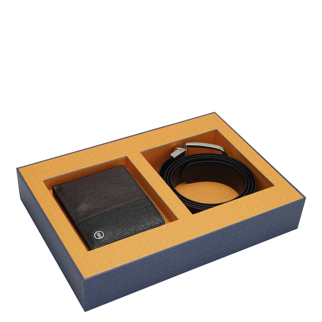 Chocolate Black Franzy Leather Mens Wallet & Belt Gift Set