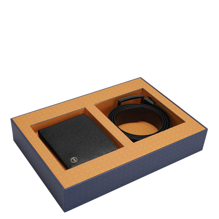 Saffiano Franzy Leather Mens Wallet & Belt Gift Set - Black