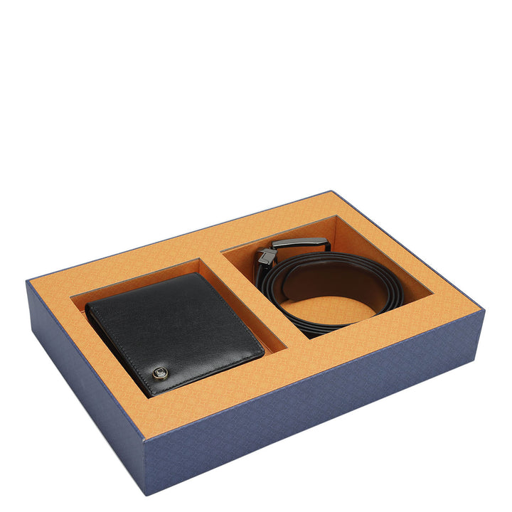 Black Plain Leather Mens Wallet & Belt Gift Set