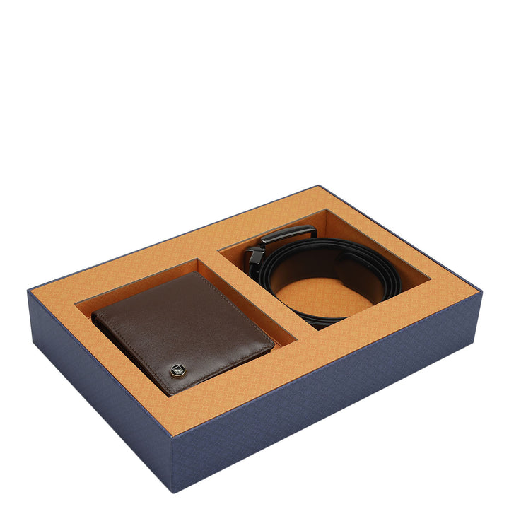 Brown Plain Leather Mens Wallet & Belt Gift Set