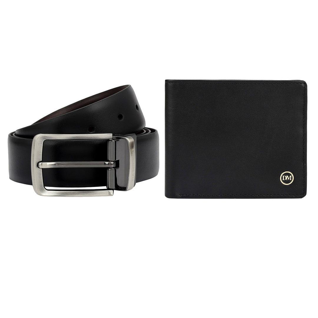 Black Plain Leather Mens Wallet & Belt Gift Set
