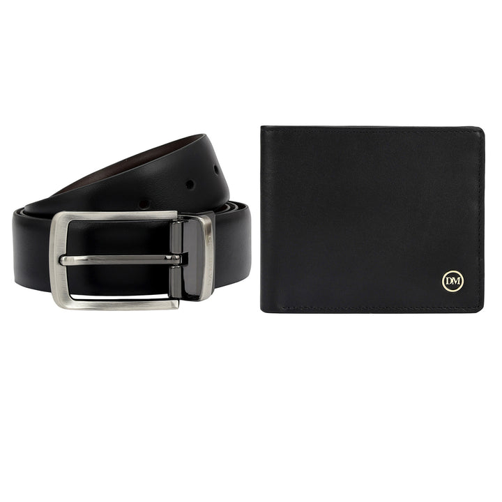 Black Plain Leather Mens Wallet & Belt Gift Set