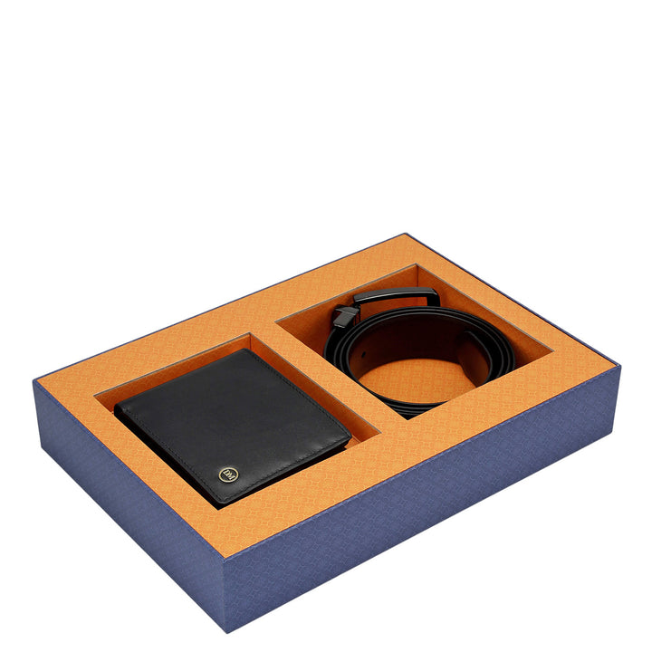 Black Plain Leather Mens Wallet & Belt Gift Set
