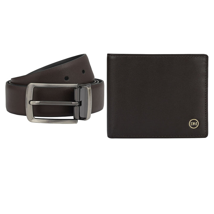 Brown Plain Leather Mens Wallet & Belt Gift Set