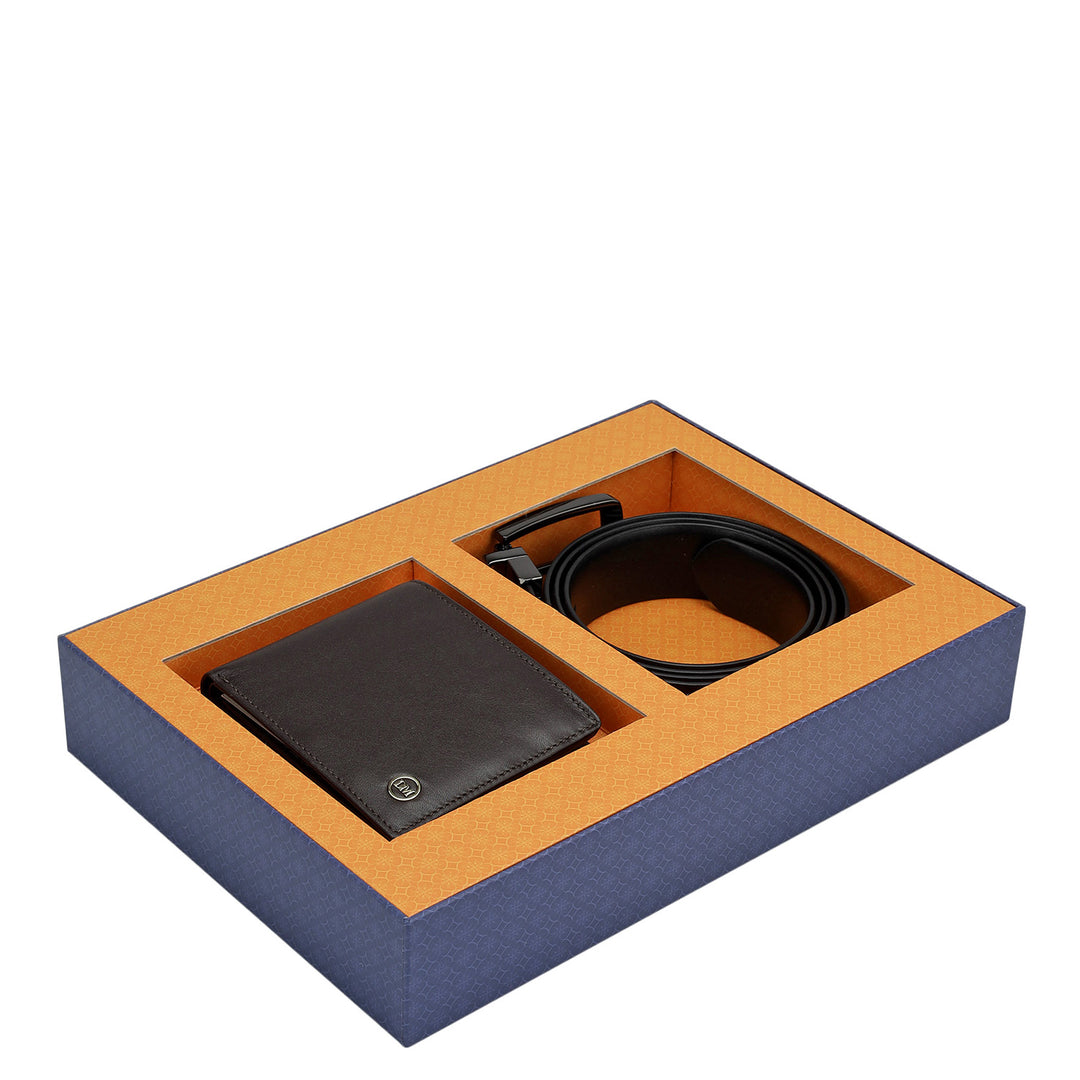 Brown Plain Leather Mens Wallet & Belt Gift Set