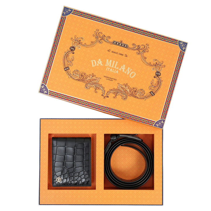 Black Croco Leather Mens Wallet & Belt Gift Set