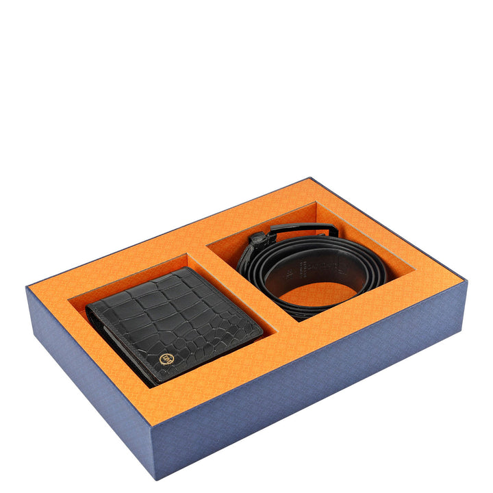 Black Croco Leather Mens Wallet & Belt Gift Set