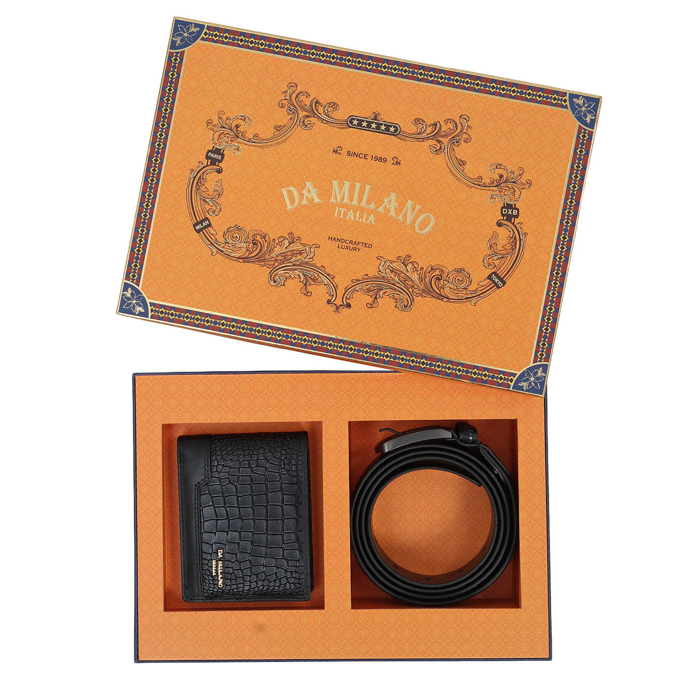 Black Croco Leather Mens Wallet & Belt Gift Set