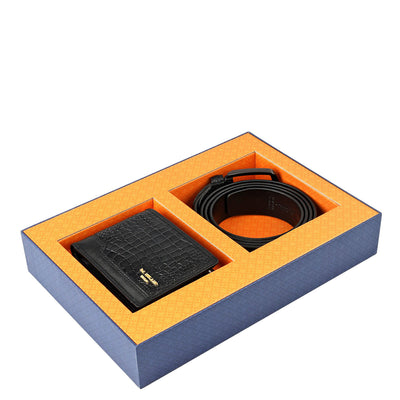 Black Croco Leather Mens Wallet & Belt Gift Set