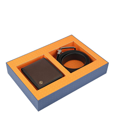 Chocolate Saffiano Franzy Leather Mens Wallet & Belt Gift Set