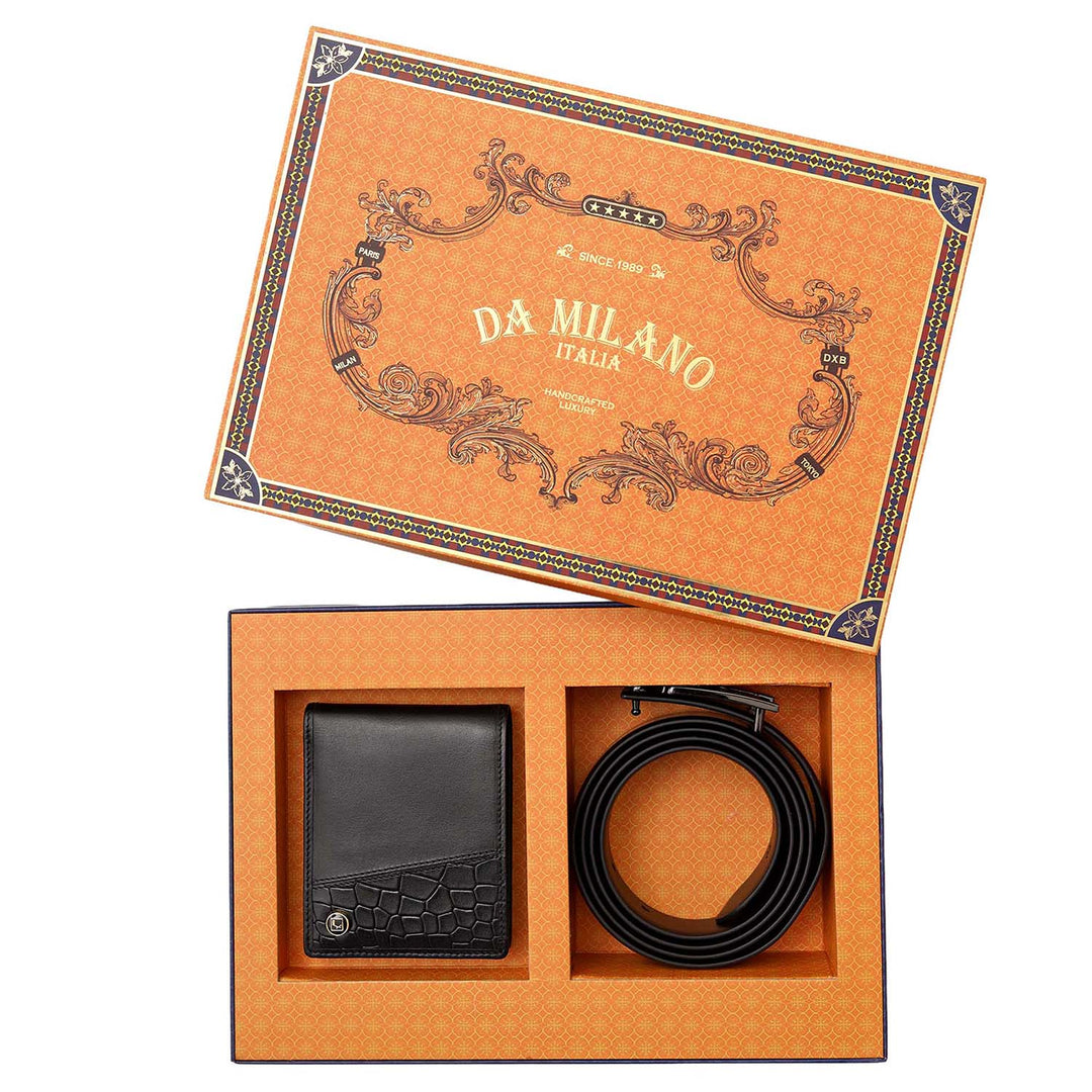 Plain Leather Men's Gift Set - Black