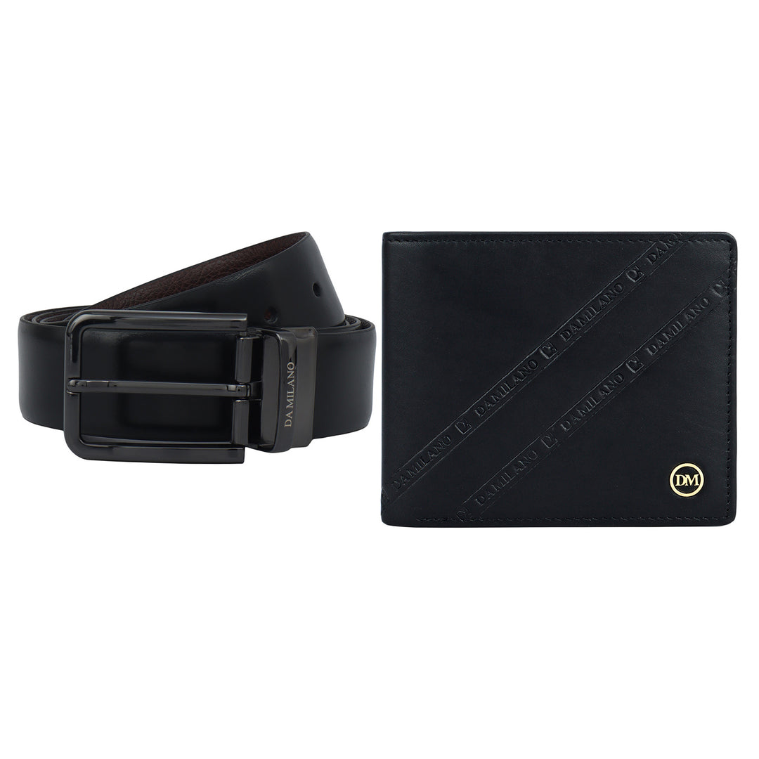 Black Plain Leather Mens Wallet & Belt Gift Set