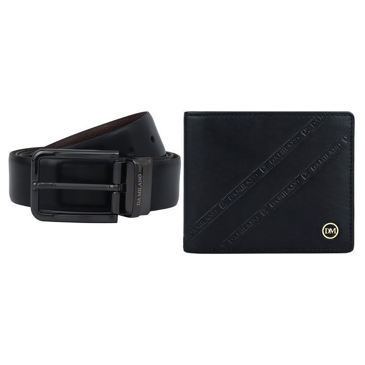 Black Plain Leather Mens Wallet & Belt Gift Set