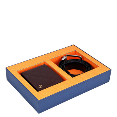 Brown Plain Leather Mens Wallet & Belt Gift Set