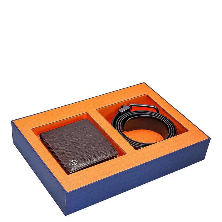 Chocolate Saffiano Franzy Leather Mens Wallet & Belt Gift Set