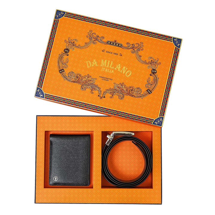 Black Saffiano Franzy Leather Mens Wallet & Belt Gift Set