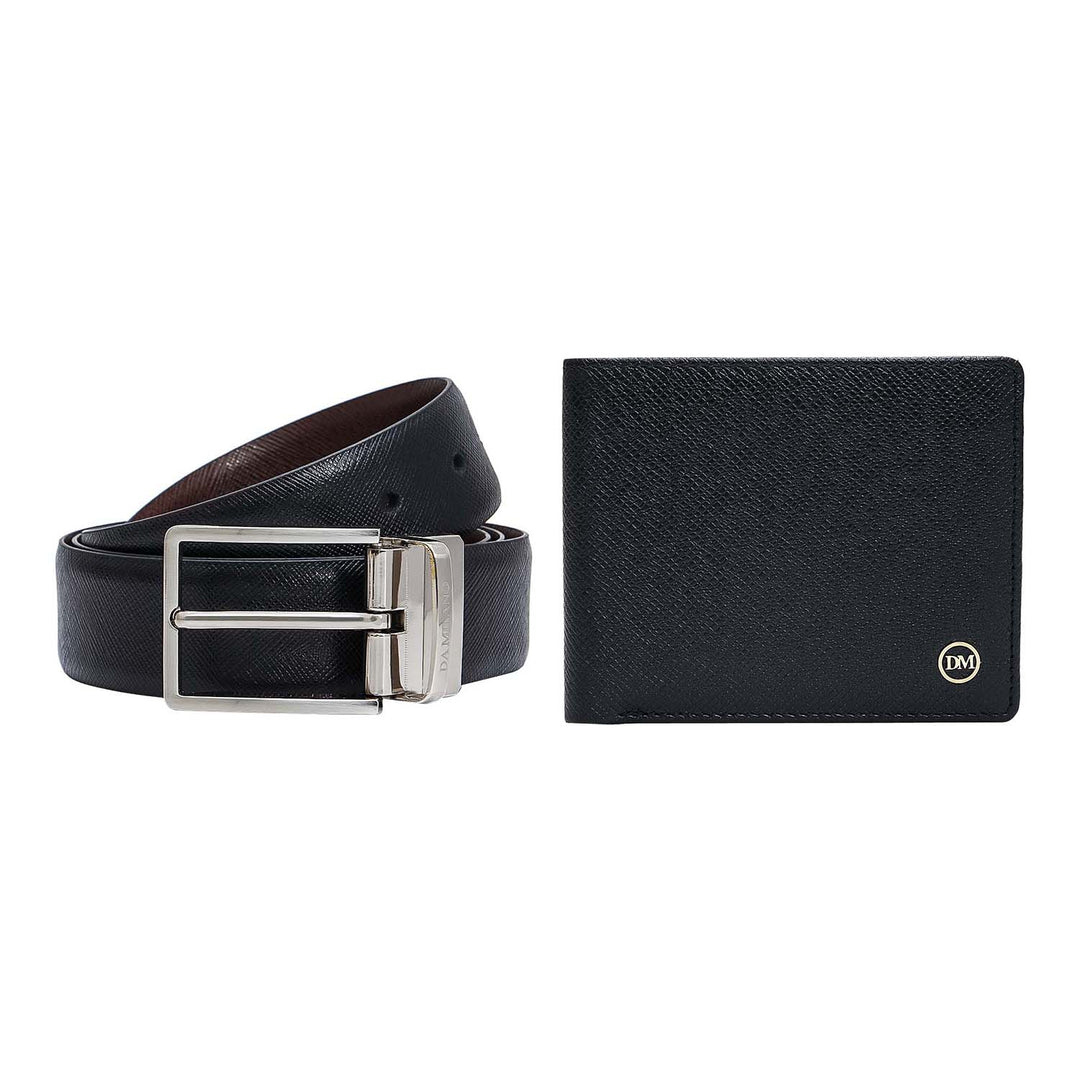 Black Saffiano Franzy Leather Mens Wallet & Belt Gift Set